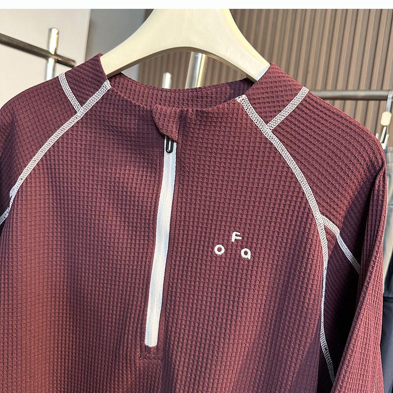 Waffle Knit Stand Collar Fleece-Lined Unisex Half-Zip Long-Sleeve Base Layer Tee