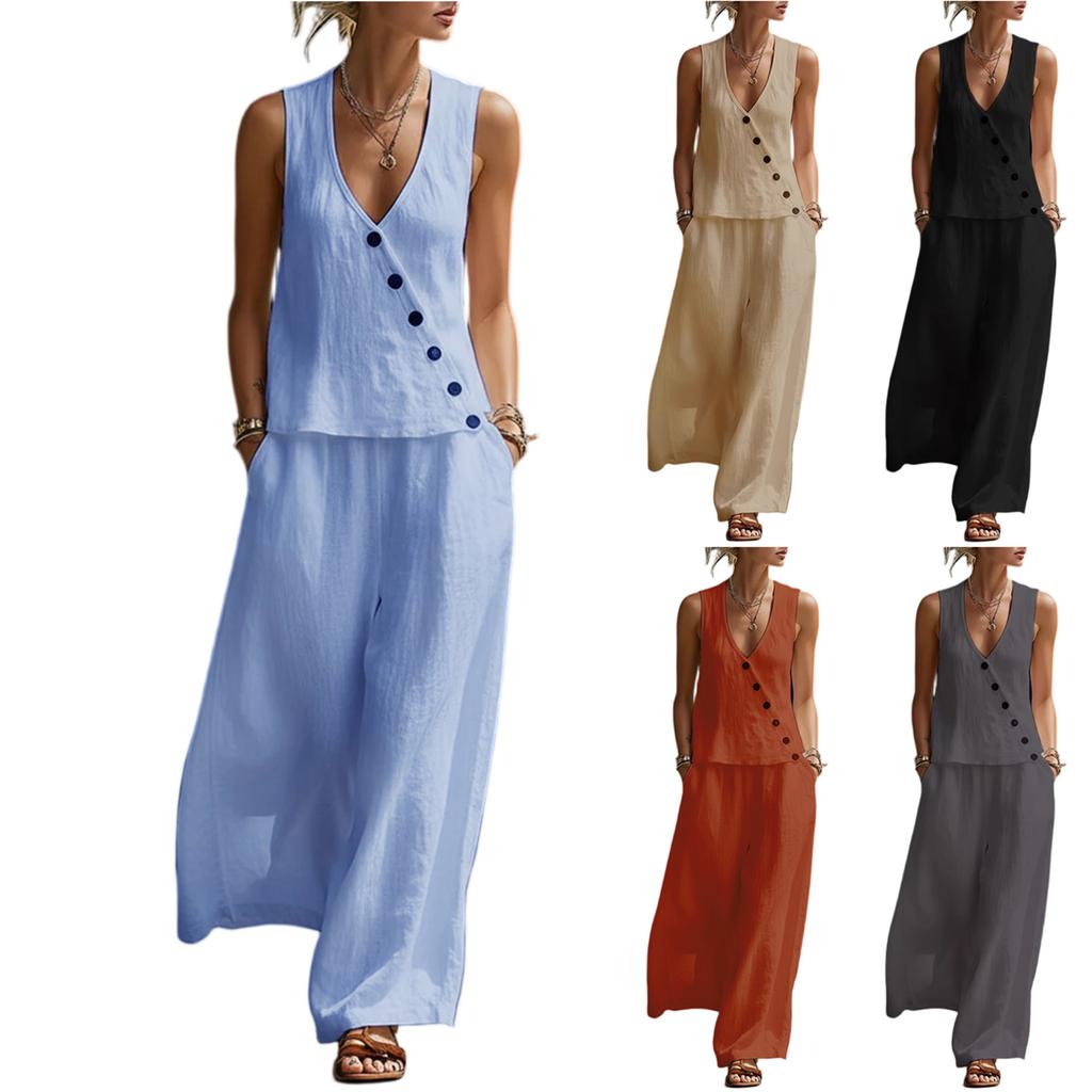 Women's Fashion Color Sleeveless V-neck Button Top With Elastic Waist Pocket Wide Leg Casual Pants Two Piece Set