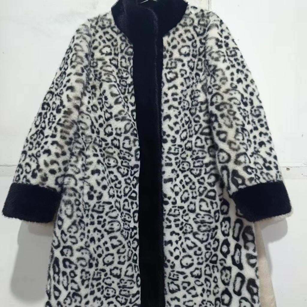 Elegant Long Leopard Print Coat Winter Thickened Mink Fur Jacket Fashionable Outerwear