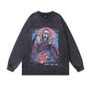 Skull Print Long-Sleeved T-Shirt High Street Trendy Brand Retro Washed Loose Cotton Vintage Top T-Shirt Men