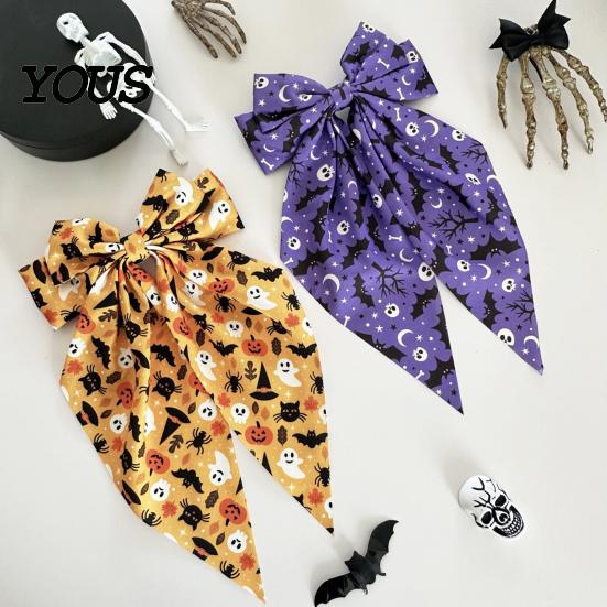 Bat Theme Hair Decoration Halloween Silky Satin Bows, Big Ribbon Bow Clips, Oversized Funny Holiday Clip Long Tail Barrettes, Cute Accessories