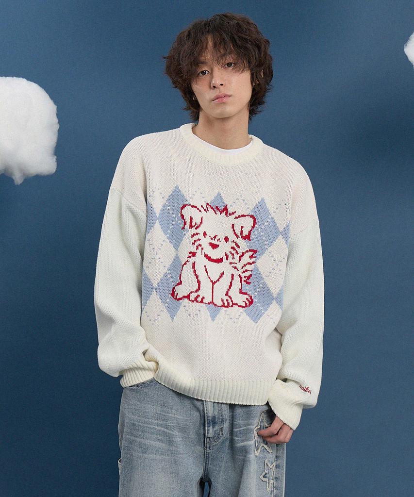 WAIKEI Drawing Puppy Argyle Knit Brown