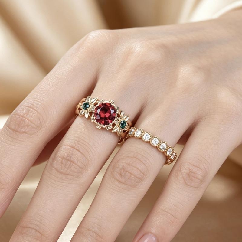 Luxury New Luxury Flower Ring, Gold-plated with Red Gemstones, European Beautiful Women's Hand Jewelry