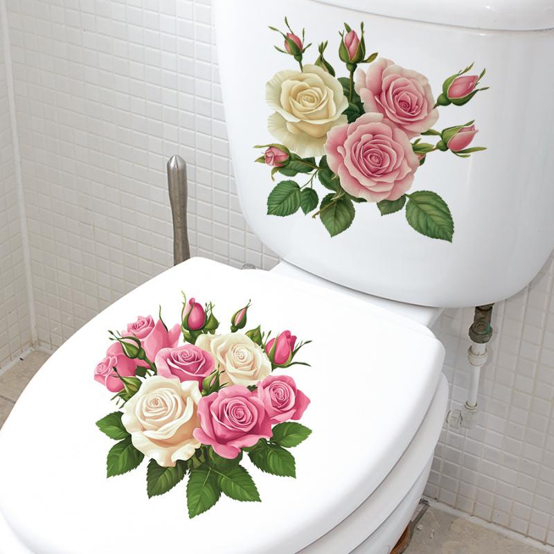 2Pcs Creative Rose Flower Waterproof Toilet Sticker Bathroom Wall Background Decal Home Decoration Self-adhesive Posters