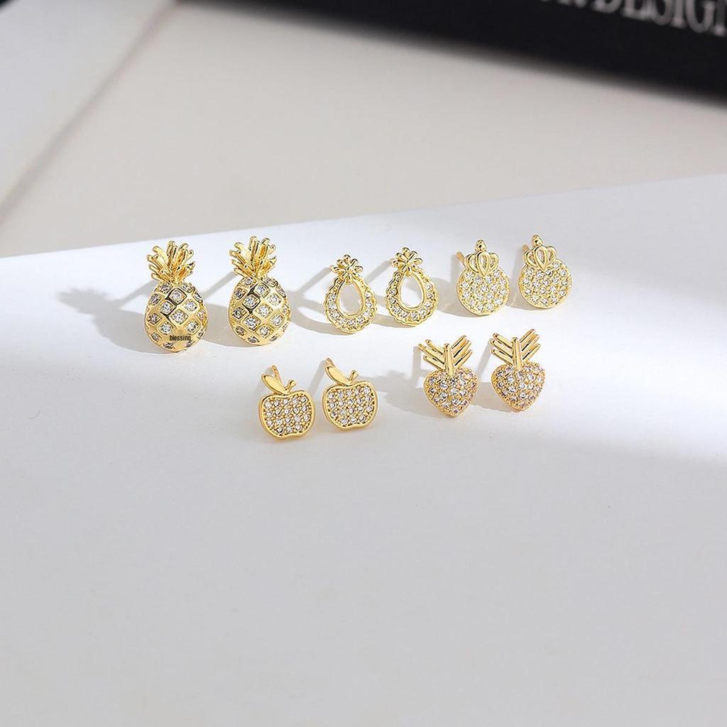 High-Grade Copper & Gold Plated Earrings: Diamond-Studded Apple, Pineapple, Crown, Pear Designs for Women