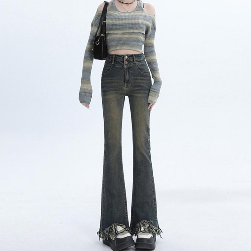 

Джинсы с бахромой и необработанным краем, женские, осенне-зимние, новые, с высокой посадкой, эластичные, облегающие, тонкие, расклешенные брюки в пол XL