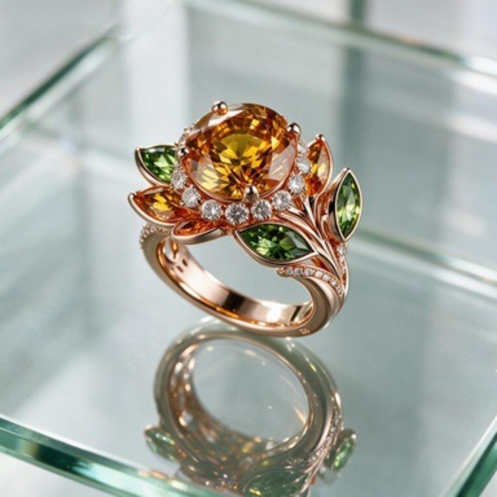Plant Female Yellow Green White Zircon Stone Engagement Flower Ring Vintage Rose Gold Color Wedding Fashion Jewelry For Women