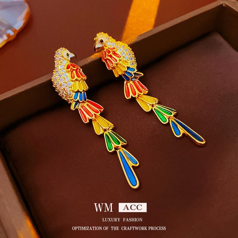 

Средневековые винтажные украшения, иглы из настоящего золота с гальваническим покрытием из серебра, разноцветные серьги с попугаем, легкая роскошь, ощущение высокого класса, серьги для женщин