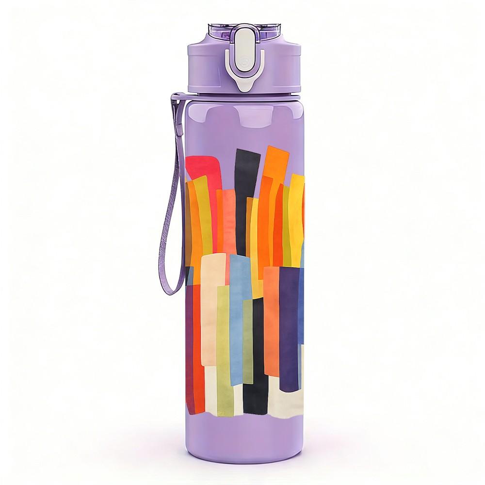 1PC Stacked Colorful Pencil Art Print 750ml Color Plastic Sports Water Bottle Leakproof Flip Straw Lid Suitable for Sports Office Home Use