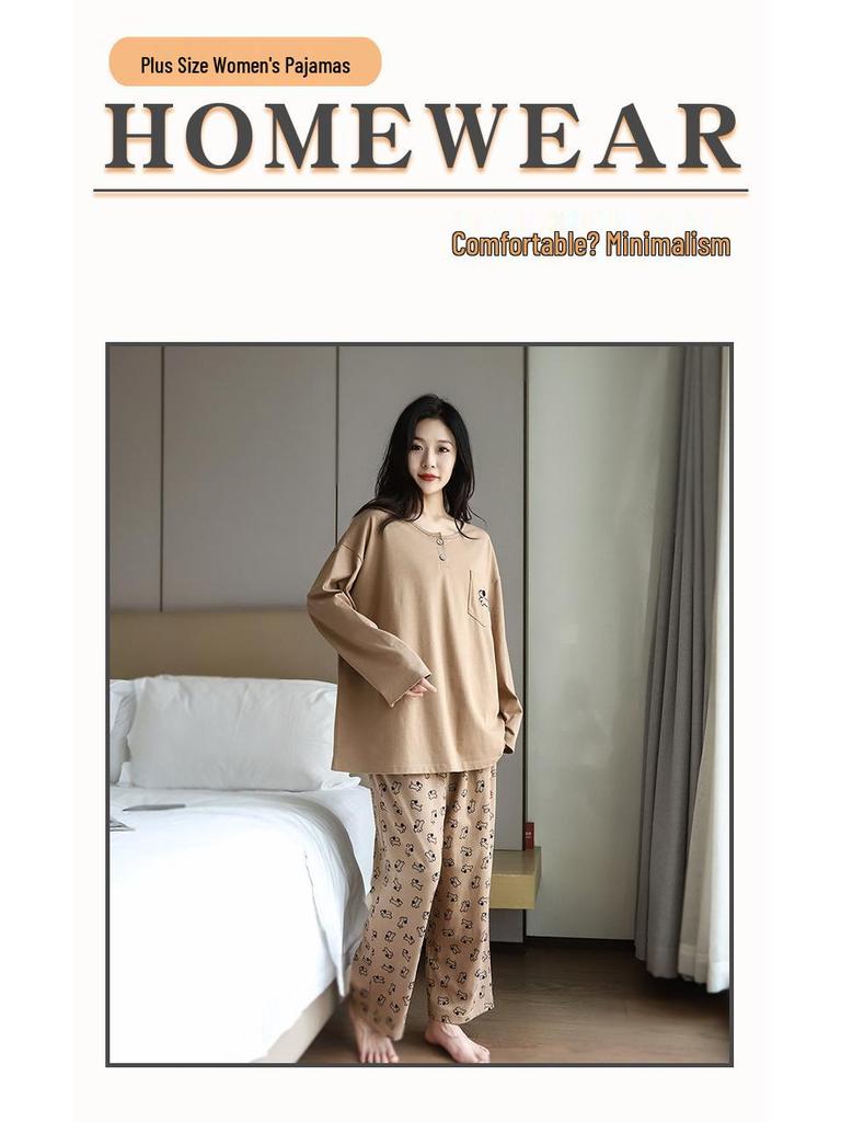 Women's Plus Size Pure Cotton Embroidered Long Sleeve Pajama Set for Home and Outdoor Wear