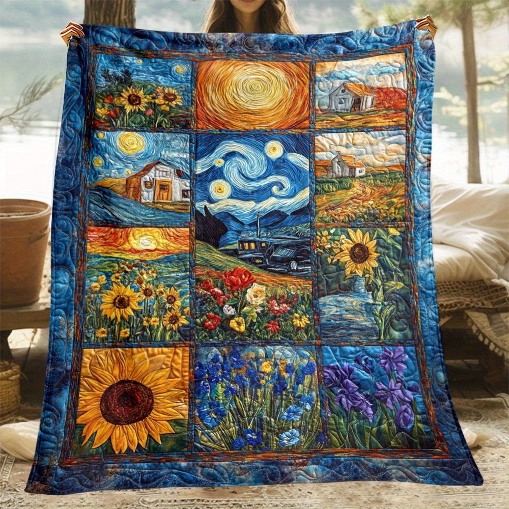 

1pc Van Gogh Masterpiece Puzzle Flannel Blanket Soft Warm with Starry Night Sunflowers Office Travel Cozy Gift for Art Lovers 130x150cm