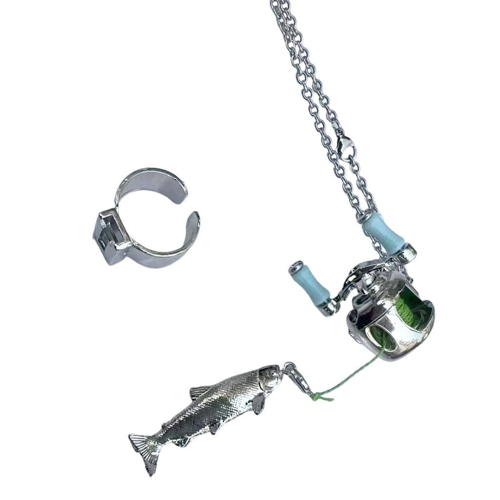 Wearable Fishing Passion Necklace Ring Miniature Reel Charm Rotation Experience Gift for Father's Day or Anniversaries