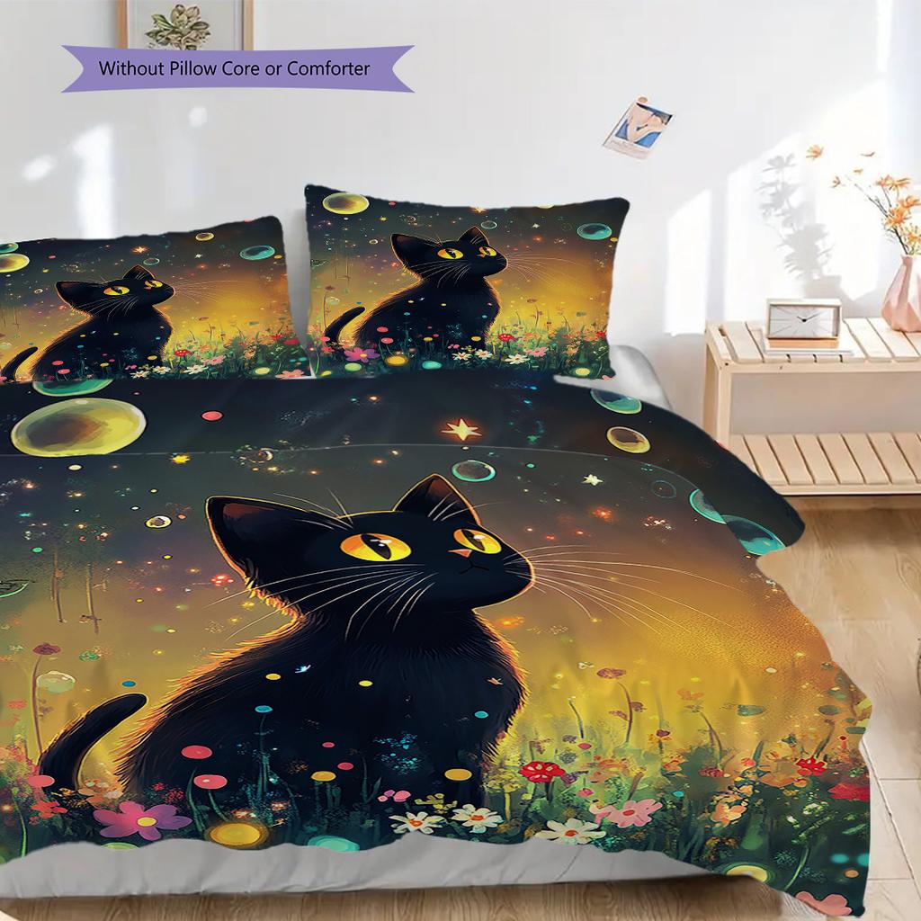 Black Cat Pattern Bedding Quilt Set Quilt Cover Pillowcase Home Decoration Birthday Gift (1 * Duvet Cover + 2 * Pillowcase, Without Core)