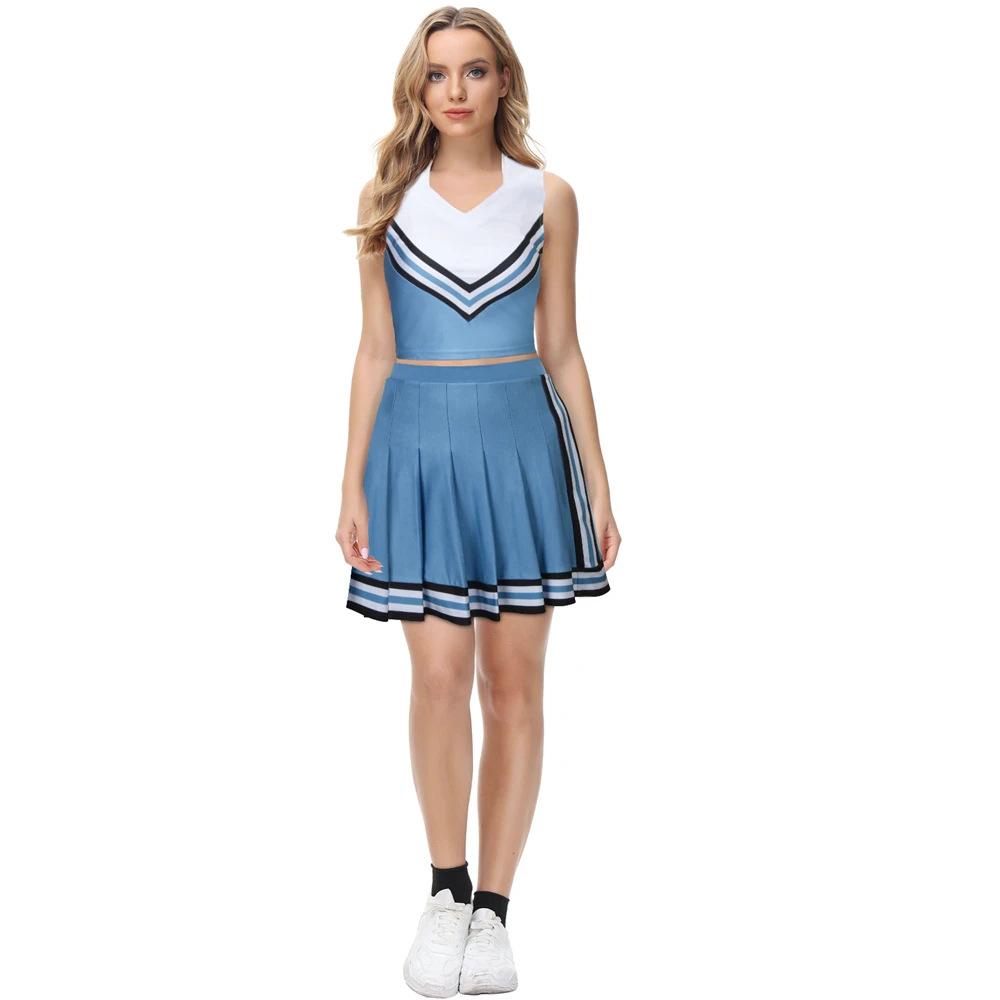 Olivia Cheerleader Uniform Princess Top Skirt Blue White Cheerleading Outfits Halloween Party Costume For High School Girls