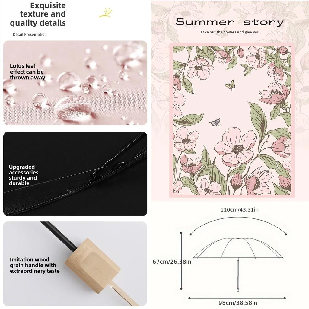 Flower Printed UPF50+ Sun Umbrella Romantic UV Protection Umbrella Vinyl Coating Rain Parasol Sun Shade Folding Umbrellas