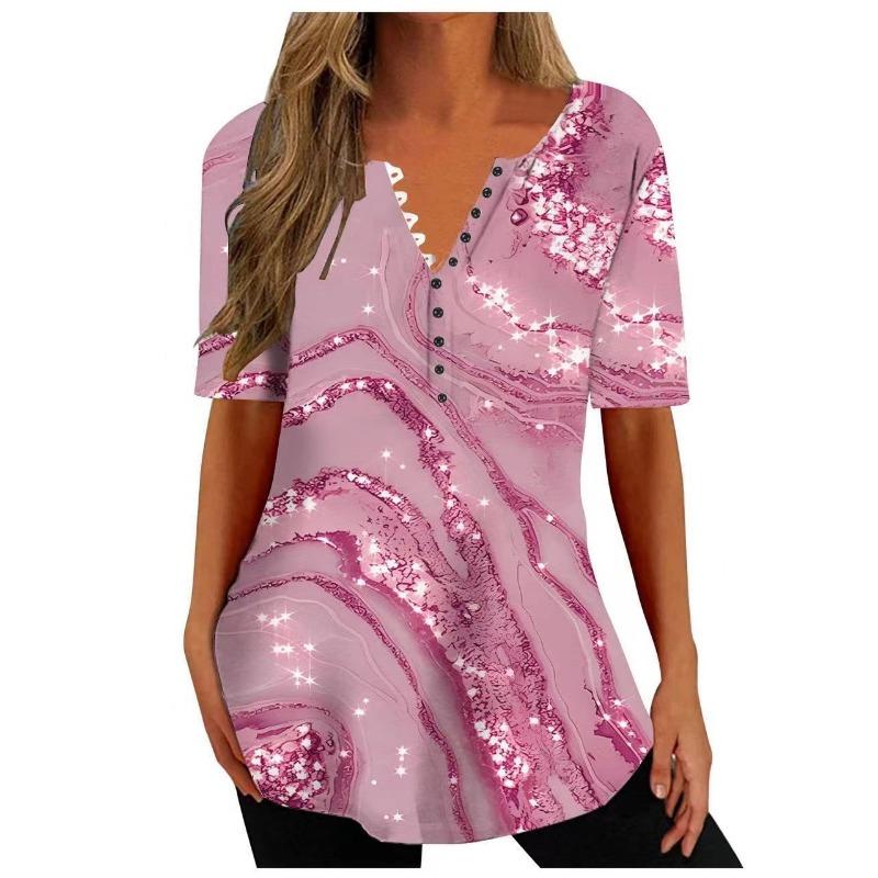 

Летняя свободная рубашка с V-образным вырезом и короткими рукавами, плиссированная, на пуговицах, для женщин Футболки женские XL розовый