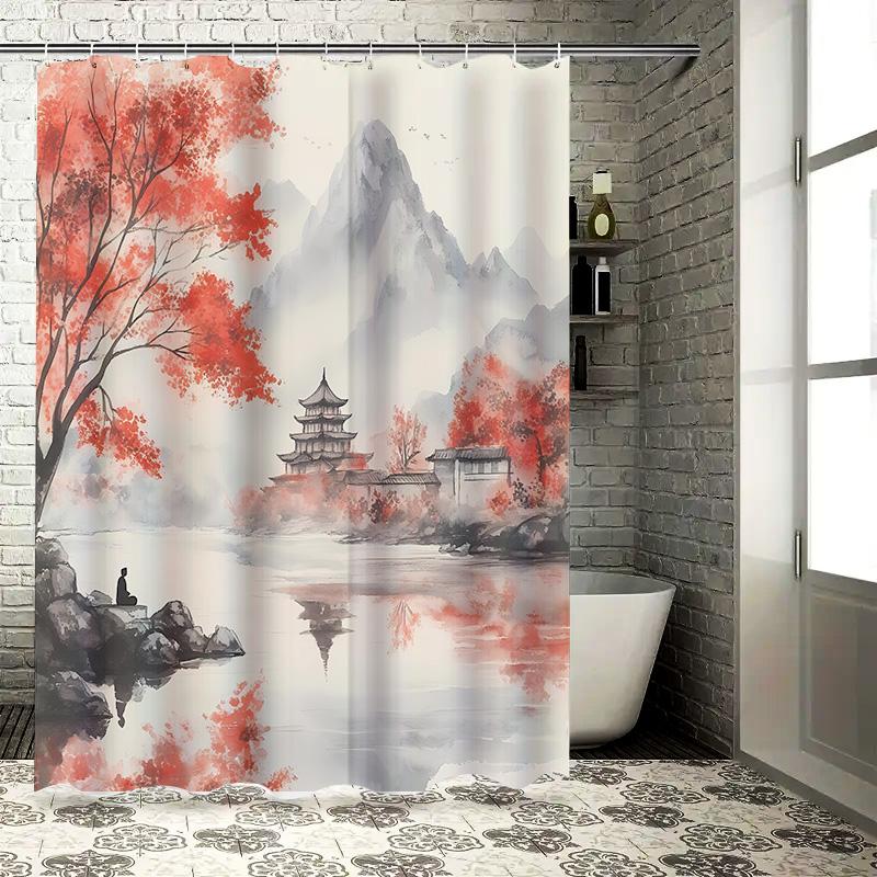 Watercolor Chinese Landscape Shower Curtain Red Trees Mountains Lake Traditional Architecture Bathroom Decor Rustproof Hooks W60H190(CM)-1 Pcs