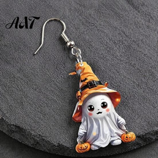 Holiday Themed Jewelry 1 Pair Halloween Cute Ghost Earrings, Acrylic Dangle Earrings with Witch Childlike Accessories Hat Pumpkin Bat, Anti-Rust Metal
