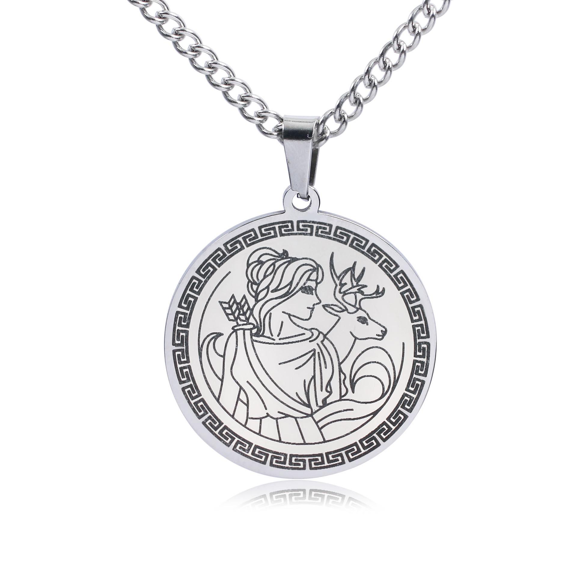 Greek Olympus Twelve Gods of Hunting Goddess Artemis Round Pendant Necklace 60CM