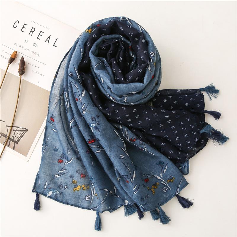 Women Retro Ethnic Style Literary and Artistic Blue Small Floral Scarf, Yarn Scarf Travel Seaside Long Sunscreen Beach Towel