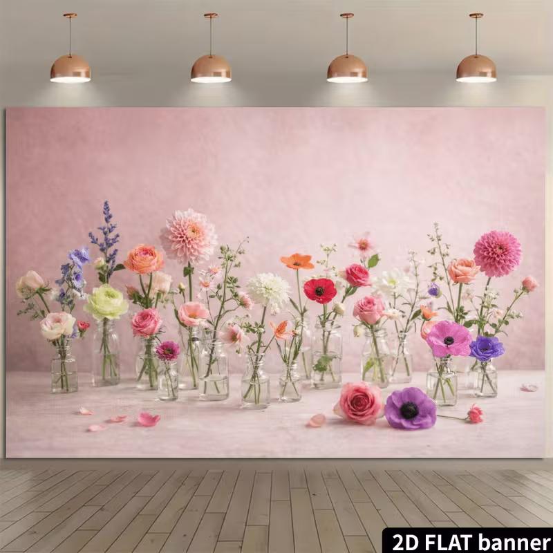 2D Pastel Flower In Glass Vases Backdrop with Pink Background Cloth