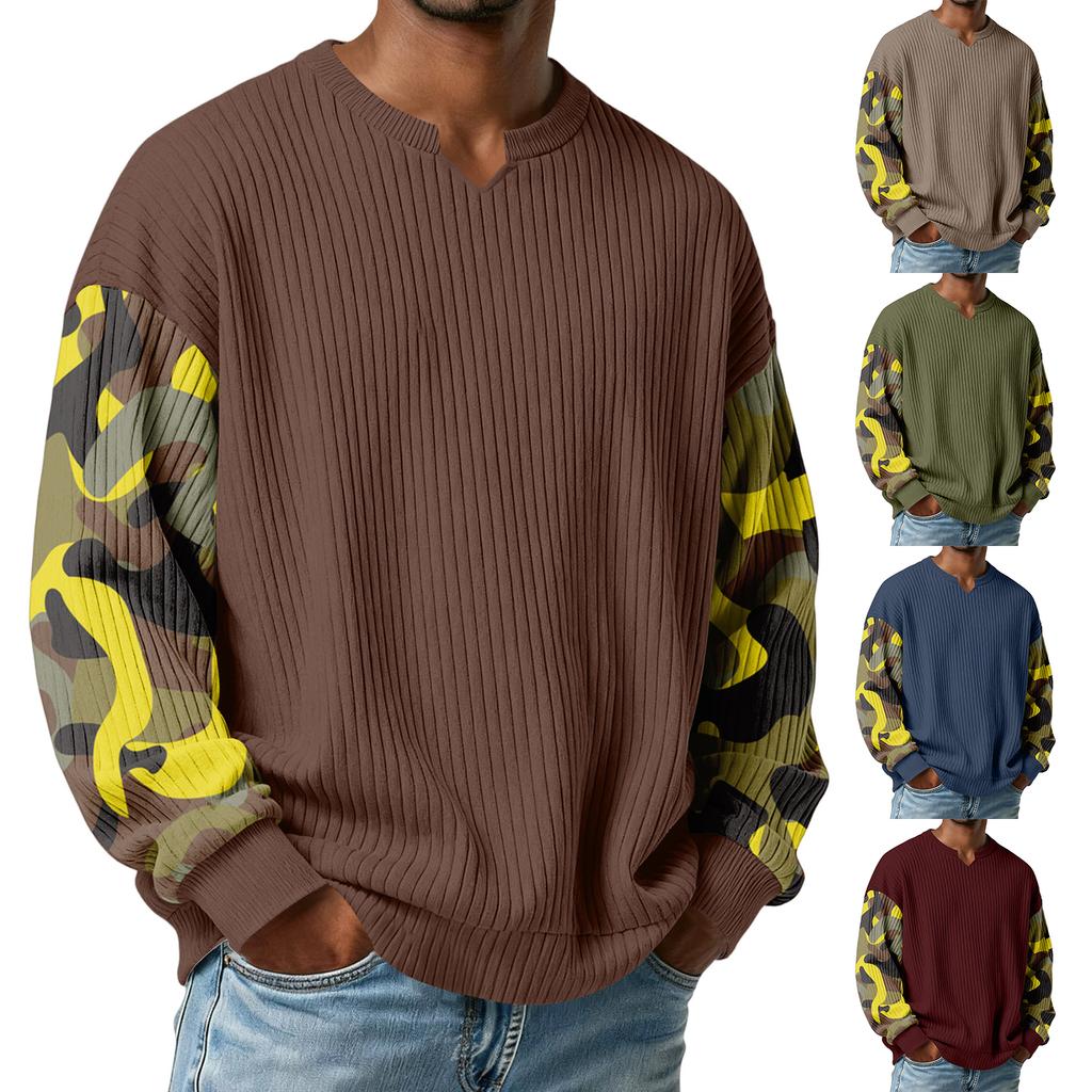 Men's Camouflage Stylish V-Neck Ribbed Textured Long-Sleeve T-Shirt