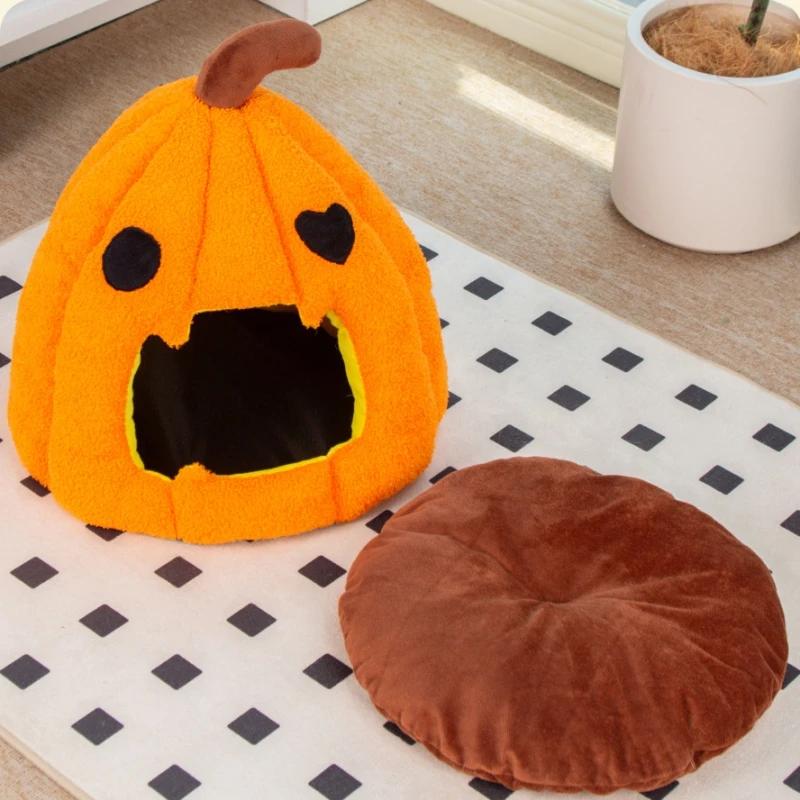 Halloween Pumpkin Velvet Cat Nest Waterproof Warm Bed for Kittens Party Decoration for Pet Cute Sleeping Bag Cushion for Devon