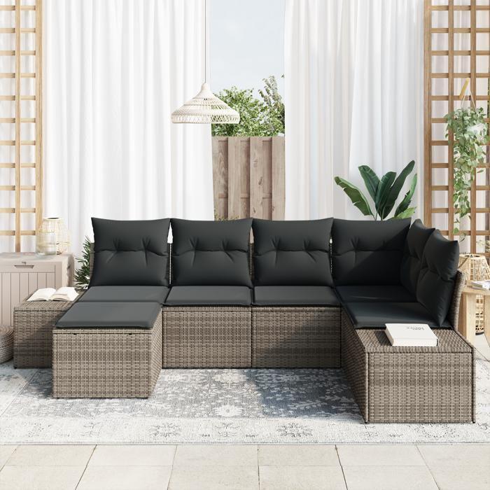 VidaXL Ensemble de Canapés de Jardin 6 Pièces avec Coussins Gris Poly Rattan 3347129