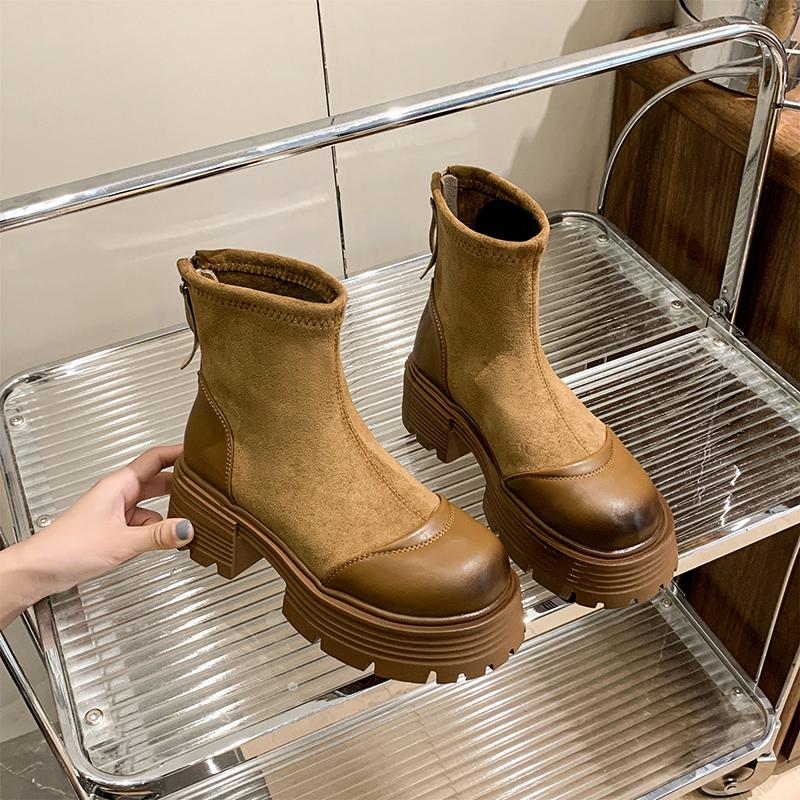 

Винтажные женские ботильоны на платформе с комбинированным дизайном, молнией сзади и толстой подошвой. Осенне-зимние короткие ботильоны для женщин 35