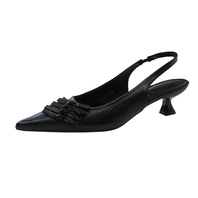 Fashion 2025 New Summer French Black Pointed Bowknot Mid-heel Overhead Sandals for Women Elegance Skinny Heel Back Empty Shoes