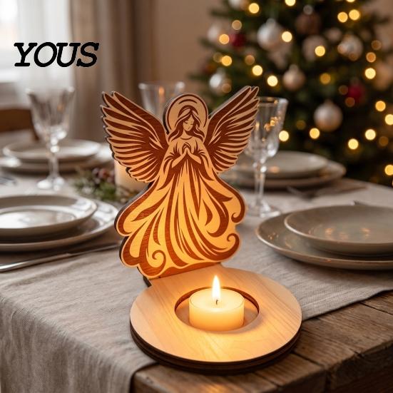 Christmas Atmosphere Supplies Wooden Candle Holder, Praying Angel Tabletop Tealight Stand, Religious Stable Base Decorative Candlestick for