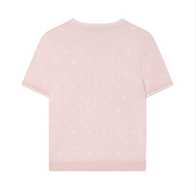 Fila Solid Color All Over Print Casual Round Neck Short Sleeve Knit Top Women Tops Light-Cherry-Blossom-Pink F11W421407FPK