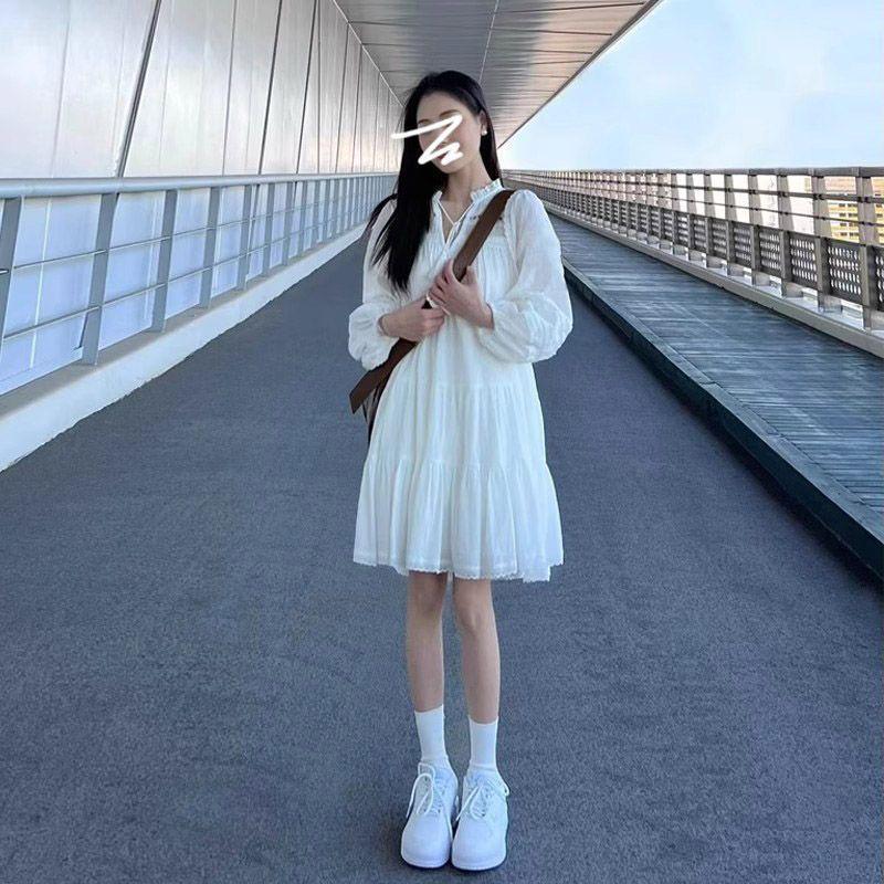

Spring & Autumn New Arrival: Small Holiday French Hollow Patchwork 3/4 Sleeve White Dress with Puff Short Skirt S ( 110 lbs)