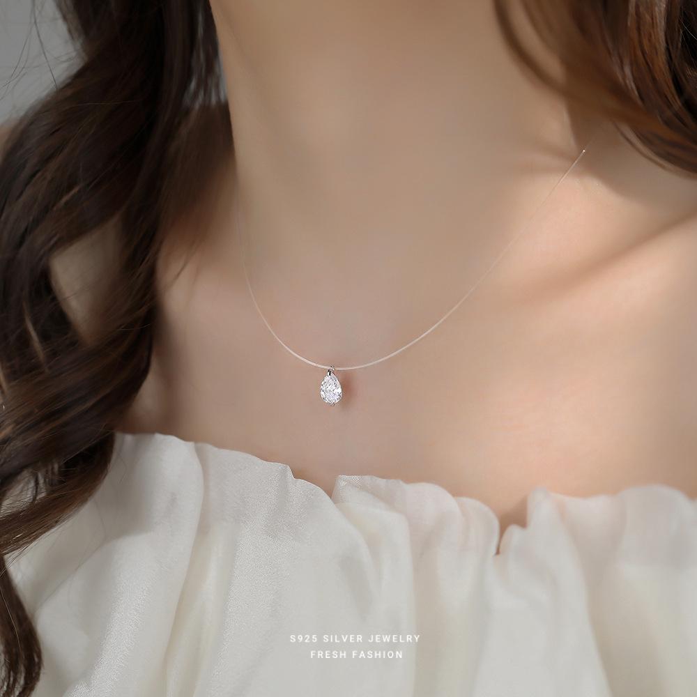 S925 Mermaid's Tears Necklace: Elegant Zircon Pendant on Invisible Fishing Line with Simple Luxury Clavicle Chain for Women