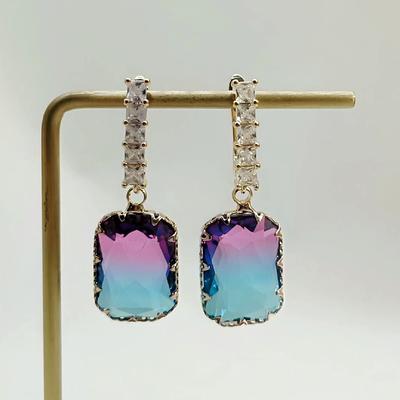 Luxury Female Earrings  SIlver Needle Geometry Square Gem Tourmaline Earrings For Women Single Row Zircon Crystal