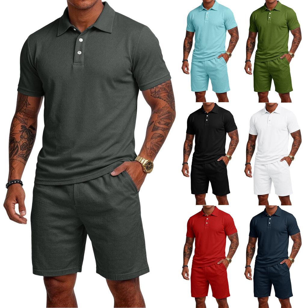 Men Short Sleeve Polo Shirt and Shorts Set Casual Two Piece Outfits Button Down Collar Top and Elastic Waist Bottoms for Daily Wear