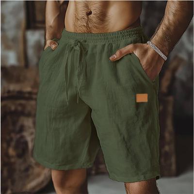 Cotton and Linen Shorts with Drawstring Elastic Waistband Straight Legs Solid Color Breathable Daily Beach Five Minute Casual Men’s Shorts