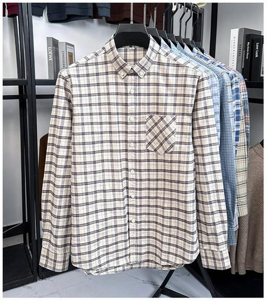 Herr Premium Långärmad Rutig Bomullsskjorta: Nedvikt krage, Vår/Höst Business Casual