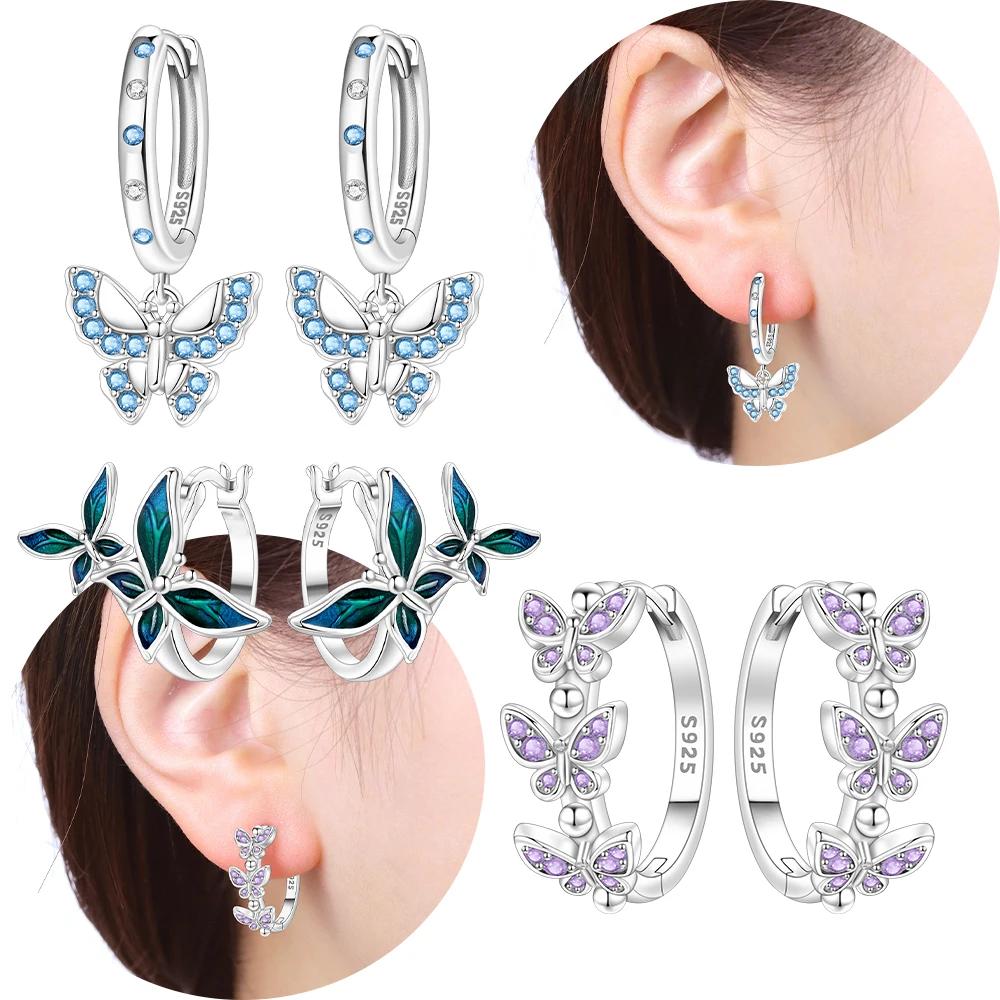 925 Silver Purple Butterfly Earrings Blue Zircon Bowknot Pendants Earrings Women Accessory Gift Valentines Jewelry