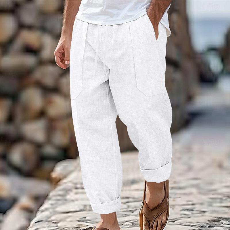 Men's cotton linen plus size trousers breathable sweat solid colour trousers basic paragraph casual wide-legged trousers man