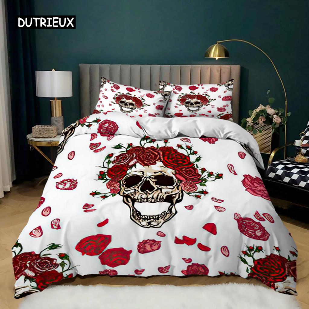 Skull Duvet Cover Queen Size Gothic Skeleton Bedding Set Rose Flower Polyester Comforter Cover for Kids Teens Adults Halloween