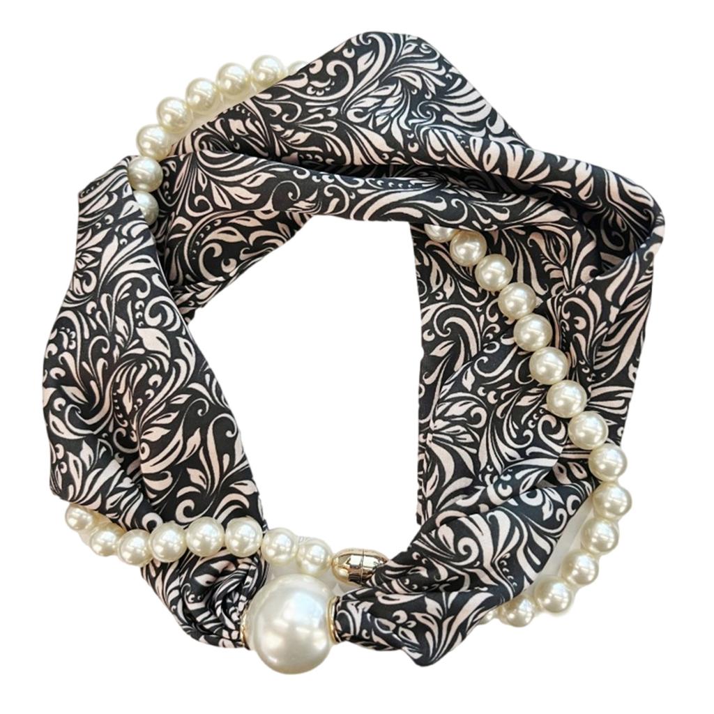 Magnetic Clasp Pearls Chain Necklace Floral Satins Scarf Elegant Silk Skinny Narrow Neckerchief for Fashionable Women