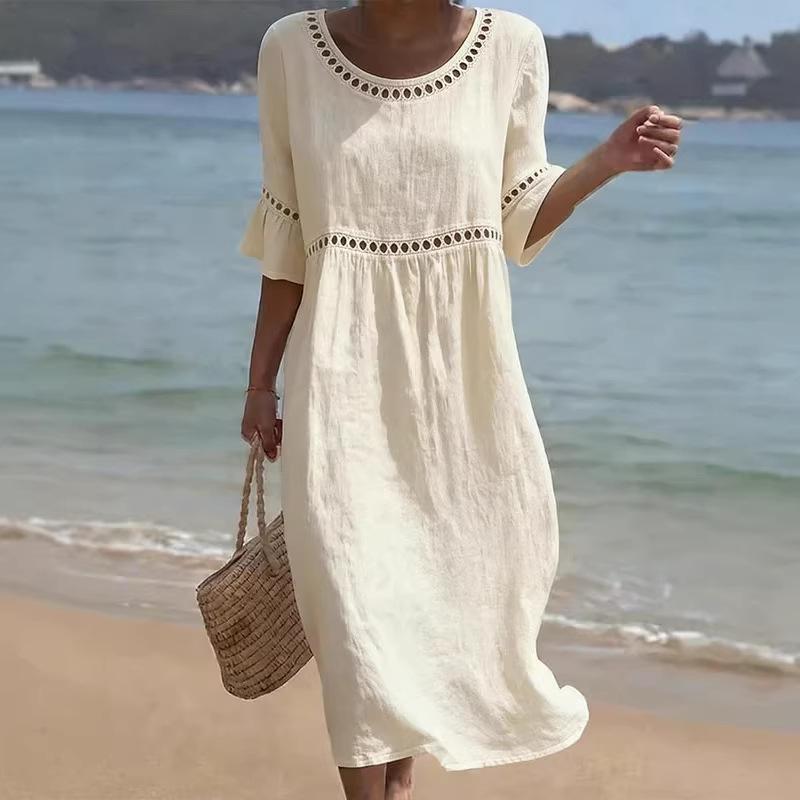 Spring and summer new elegant casual crew neck solid color women s dress S