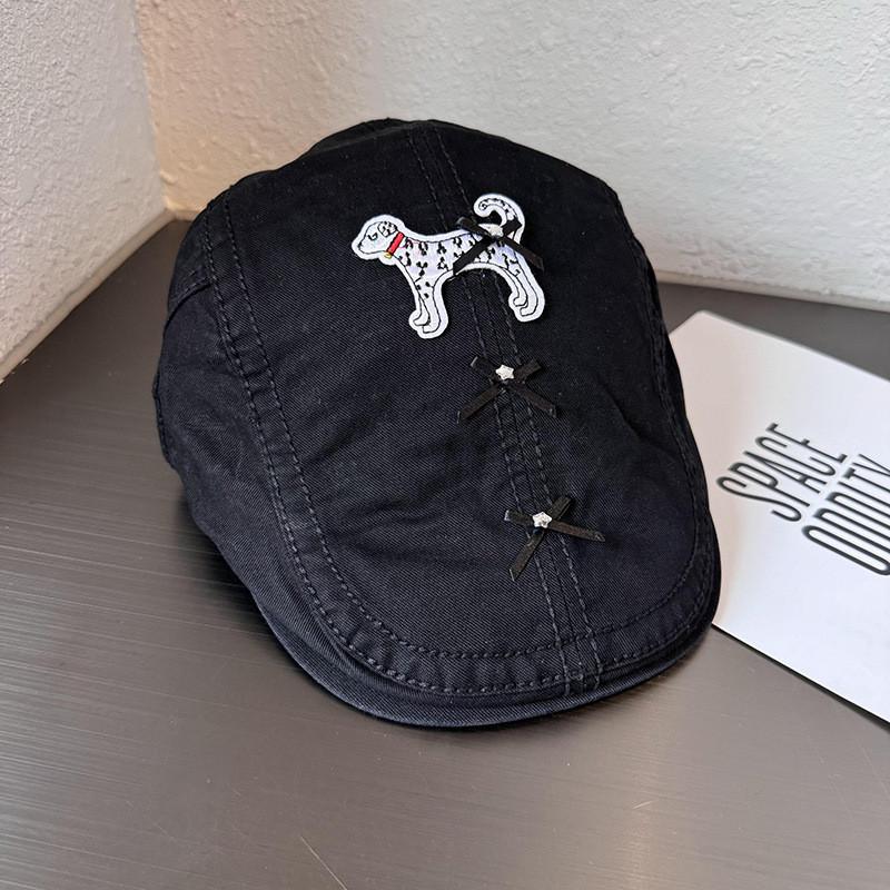 Retro With Beret Bow Decor And Cute Dogs Embroidered Design For Daily Use