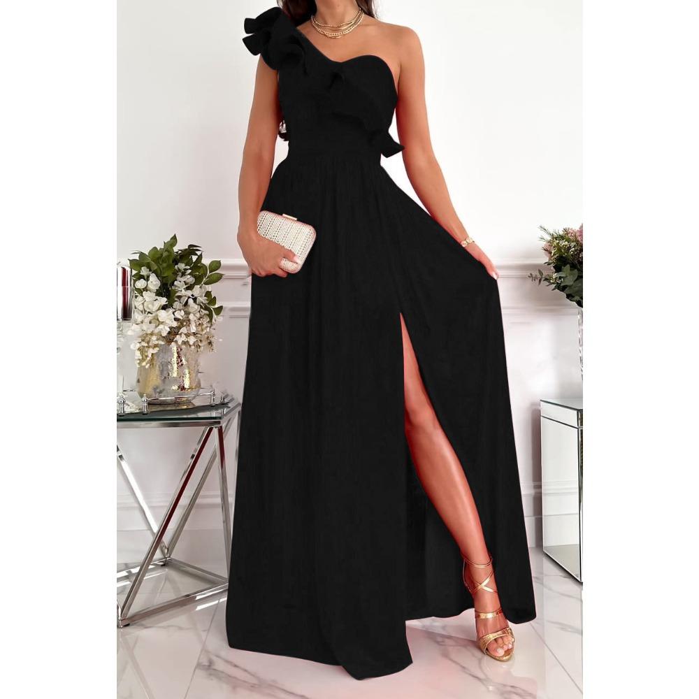 Women's One Shoulder Ruffle Maxi Dress A-Line High Waist Side Slit Solid Formal Evening Party Long Dress