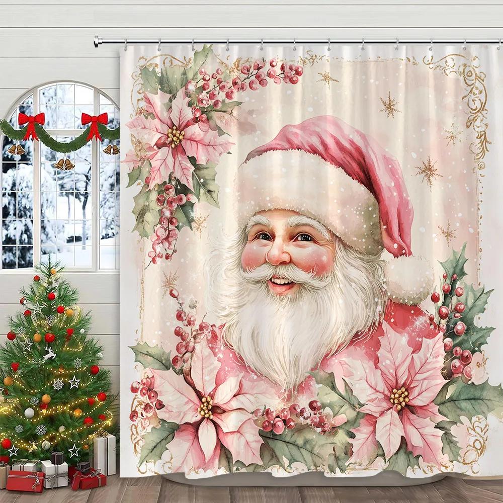 Pink Christmas Printed Shower Curtain Cute Snowman and Christmas Tree Gift Polyester Shower Curtains Bathroom Decor with Hooks