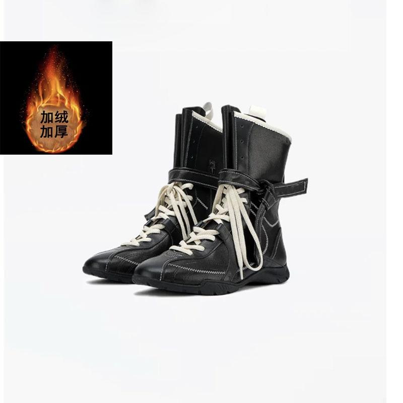 Cowhide version~ Flat bottom inner height increase leather Martin boots women's new boxing boots frosted leather lace-up short boots German training