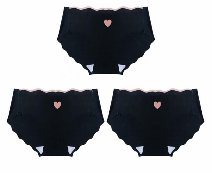 Seamless Panties with Heart Regular Discreet Comfortable Fit [Black 3-Piece Set] Design, Ultra-Sheer Panties, Women's Underwear, Panties, Waist,