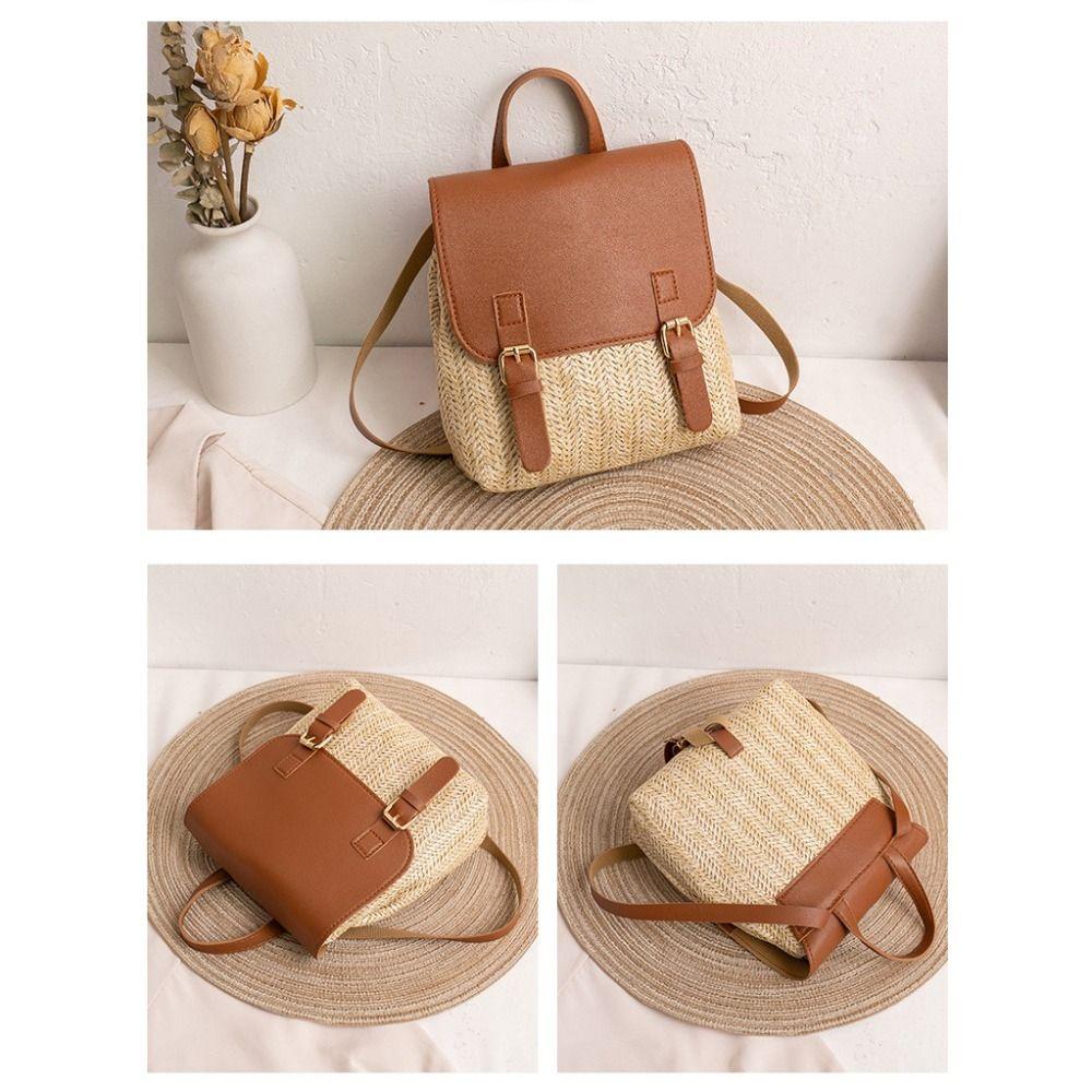 Fashion PU Leather Straw Backpack Retro Design Elegant Look Woven Backpack Luxury Vintage Style Satchel Bag All-match Style