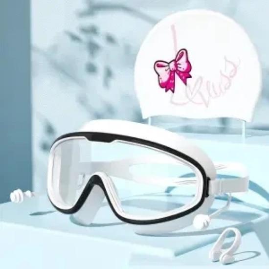 Swimming Goggles Waterproof Anti-fog HD Professional Women Large Frame Swimming Goggles Diving Swim Cap Set Equipment Bow
